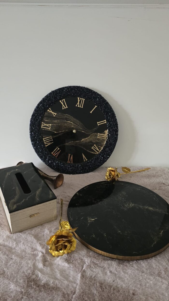 clock, tissue box, tray