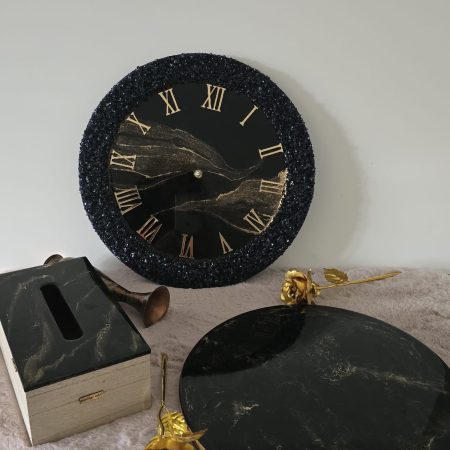 clock, tissue box, tray made with resin and wood