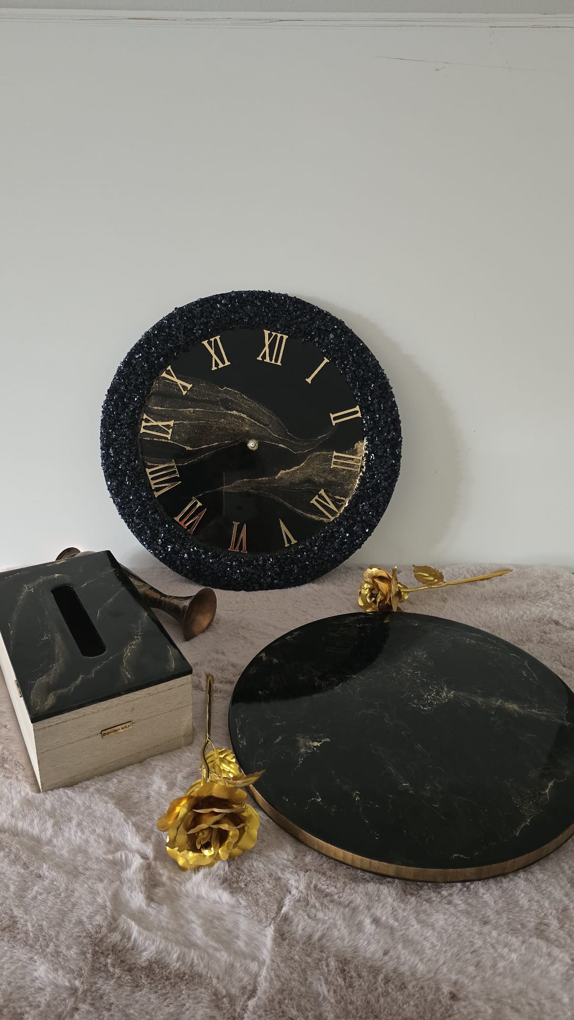 clock, tissue box, tray made with resin and wood