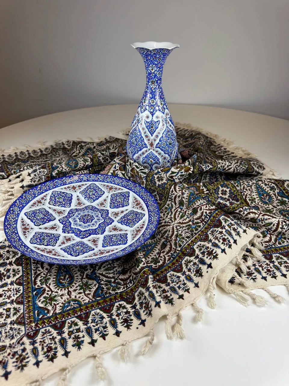 Set of Enamel-Painted Vase and Plate with Block-Printed Tablecloth